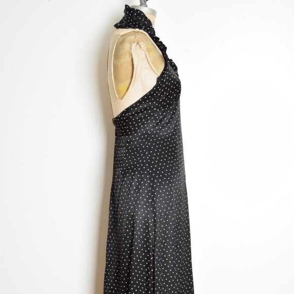 vintage 70s dress black satin STAR print ruffle long maxi prom party disco XS S - Picture 6 of 9